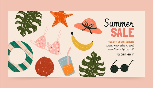 Бесплатное векторное изображение Плоская летняя распродажа горизонтальный баннер шаблон