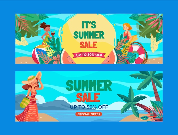 Flat summer sale horizontal banners collection