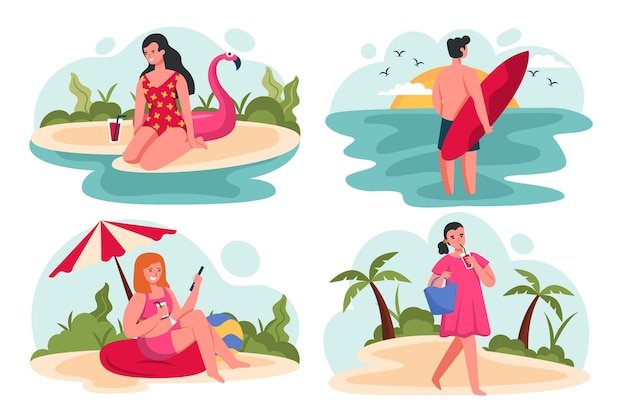 Free vector flat summer scene with people doing activities