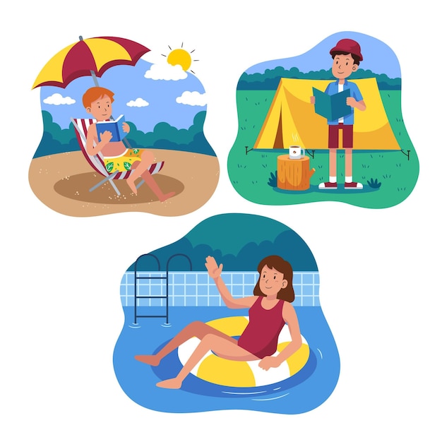 Бесплатное векторное изображение Иллюстрированный пакет плоских летних сцен