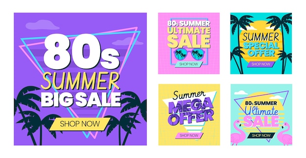 Free vector flat summer season 80s instagram posts collection