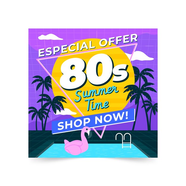 Flat summer season 80s square banner template