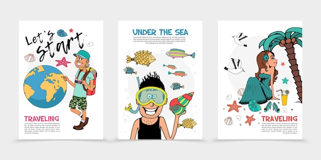여행자 지구 글로브 다이버와 물고기 예쁜 여자가 해변에서 편안한 플랫 여름 여행 포스터