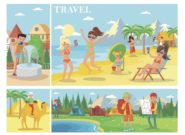 Free vector flat summer vacation composition with people relax on beach man riding camel tourists camp in forest