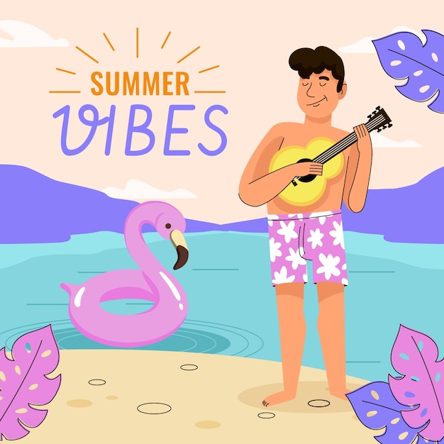 Illustrazione di vibrazioni estive piatte con l'uomo che gioca a ukulele sulla spiaggia