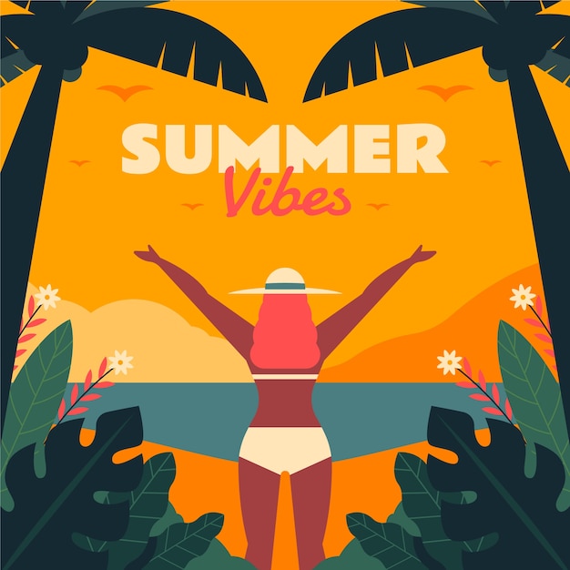 Free vector flat summer vibes illustration with woman at the beach surrounded by palm trees