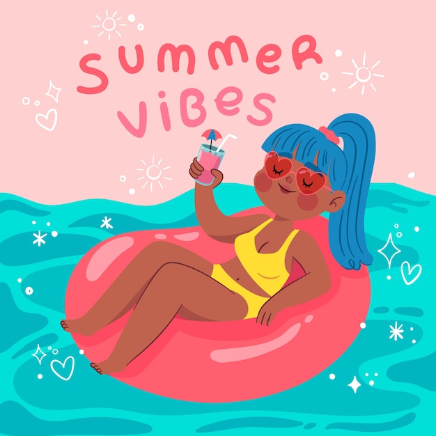 Flat summer vibes illustration with woman having a cocktail at the pool
