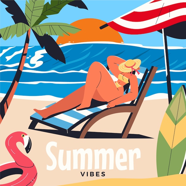 Free vector flat summer vibes illustration with woman on lounge chair at the beach