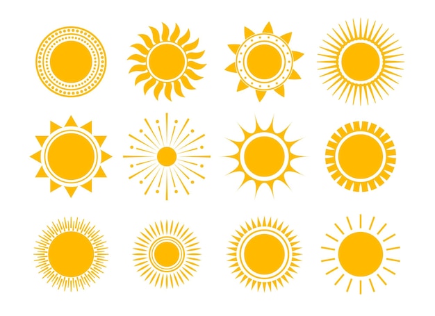 さまざまなスタイルの平らな夏の黄色い太陽のコレクション