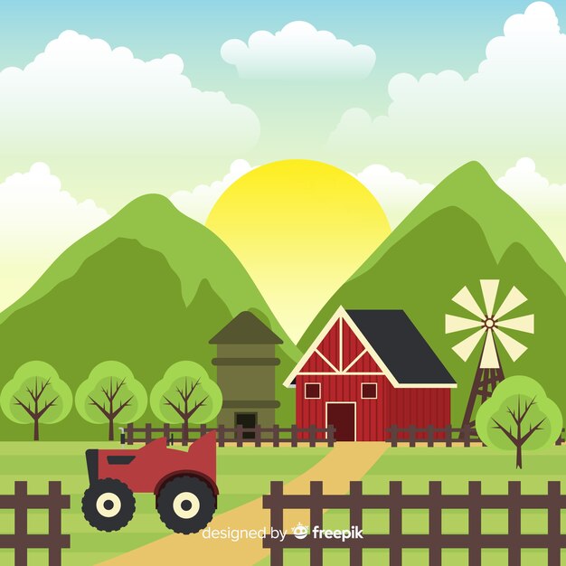 Flat sunny farm landscape background