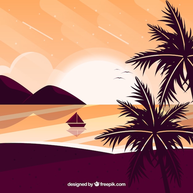 Piatto tramonto sfondo con palme