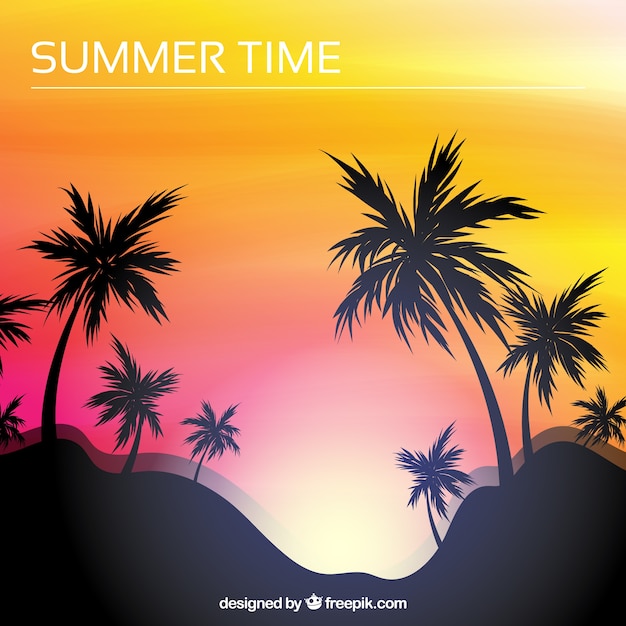 Free vector flat sunset background with palm trees