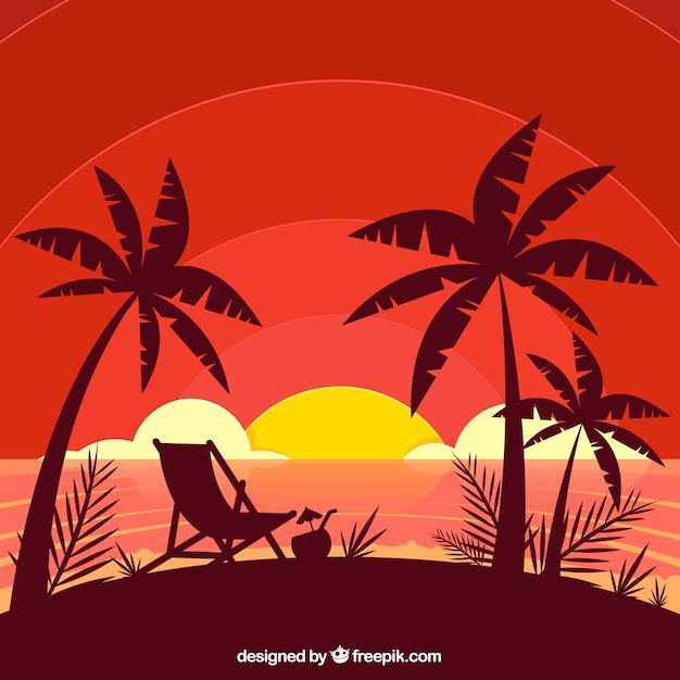 Flat sunset background with palm trees