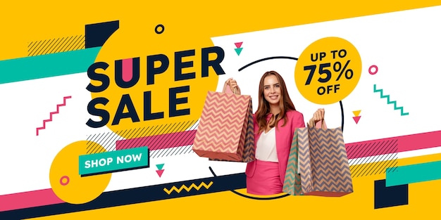 Flat super sale banner with photo