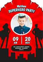 Free vector flat superhero birthday invitation template with photo