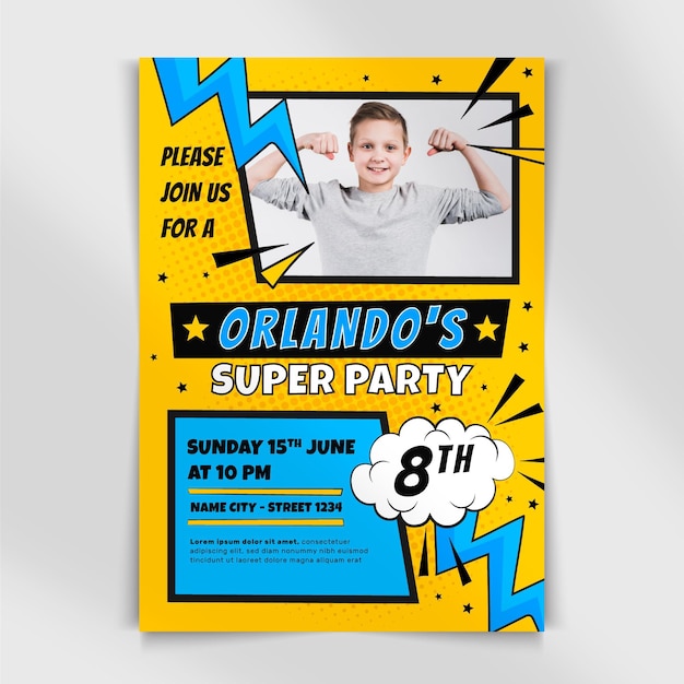 Free vector flat superhero birthday invitation with photo