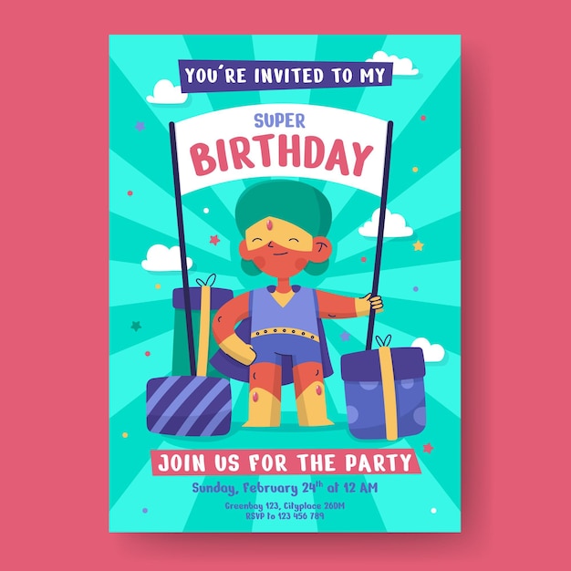 Flat superhero birthday invitation