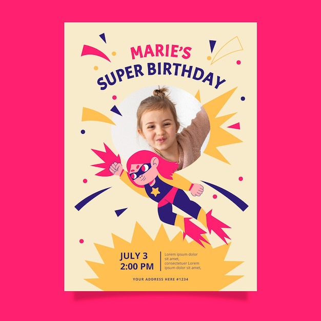 Free vector flat superhero birthday invitation