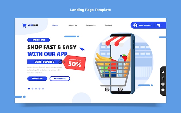 Free vector flat supermarket landing page template