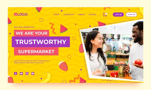 Free vector flat supermarket landing page template