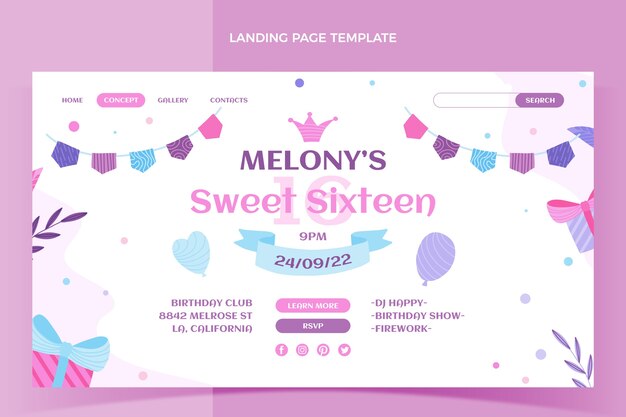 Free vector flat sweet 16 landing page template