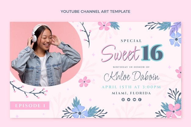 Free vector flat sweet 16 youtube channel art