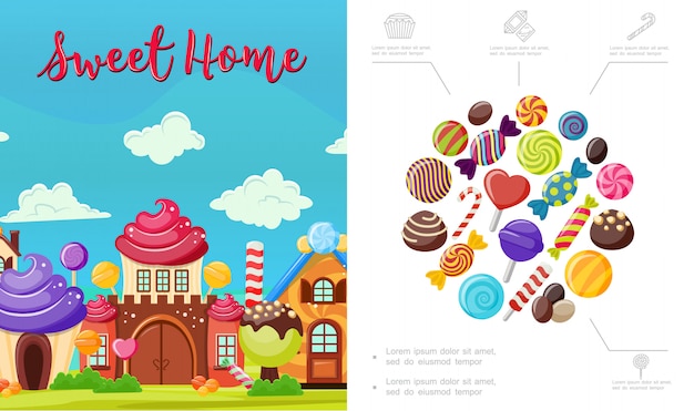 Flat sweet home composition with tasty colorful candies bright house of whipped cream chocolate and lollipops