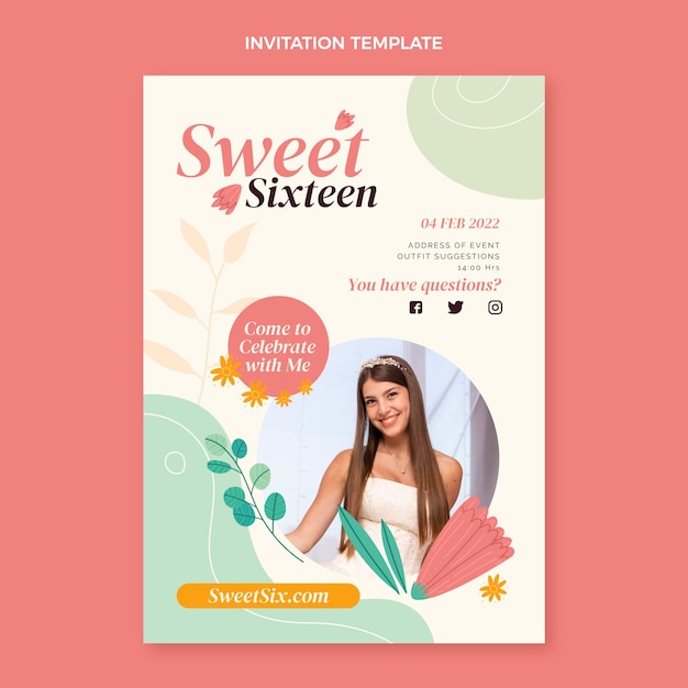 Free vector flat sweet sixteen invitation template