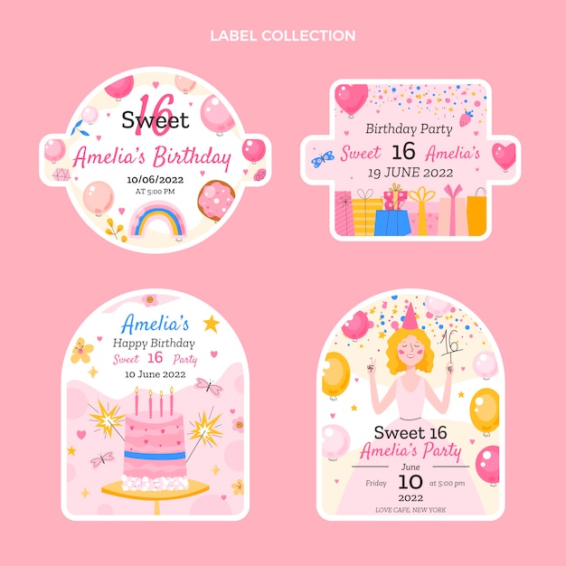 Free vector flat sweet sixteen labels collection