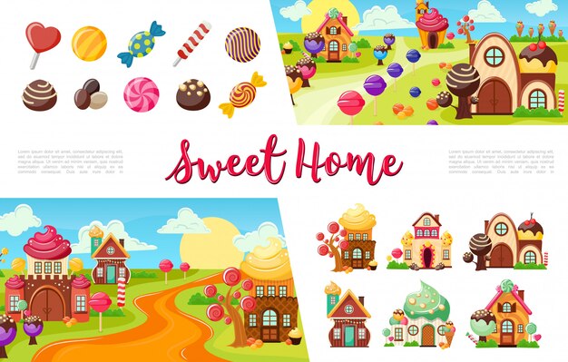 Flat sweets colorful collection with candies and lollipops of different shapes funny sweet houses