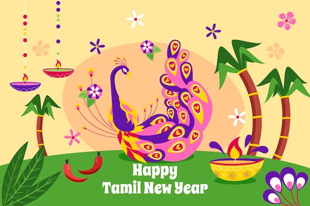Vettore gratuito fondo piatto del nuovo anno tamil