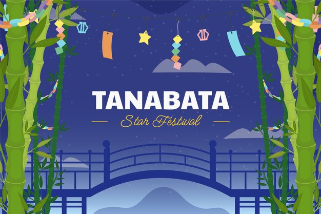 Sfondo piatto tanabata con ponte e bambù