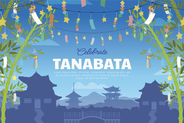 Free vector flat tanabata background with city and bamboo