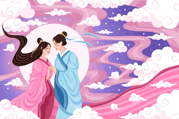 Free vector flat tanabata background with couple and full moon