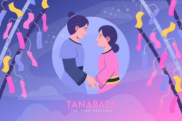 Flat tanabata background with couple holding hands