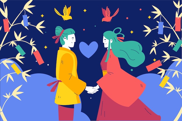 Illustrazione di tanabata piatta con coppia