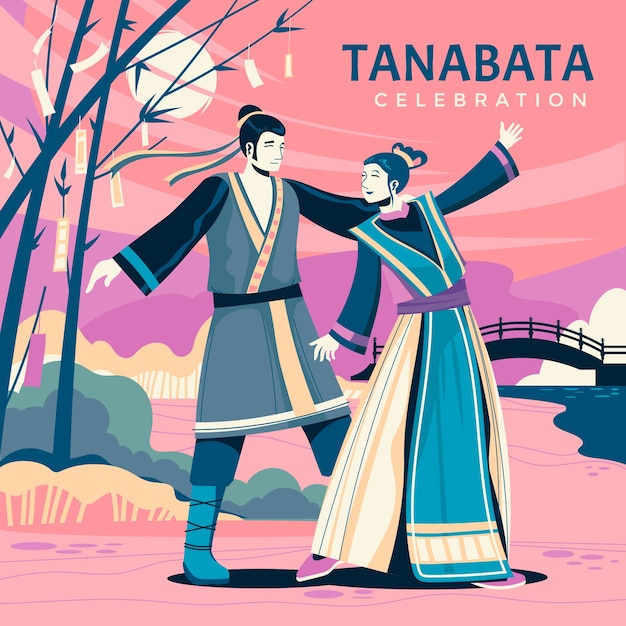 Illustrazione di tanabata piatta con coppia