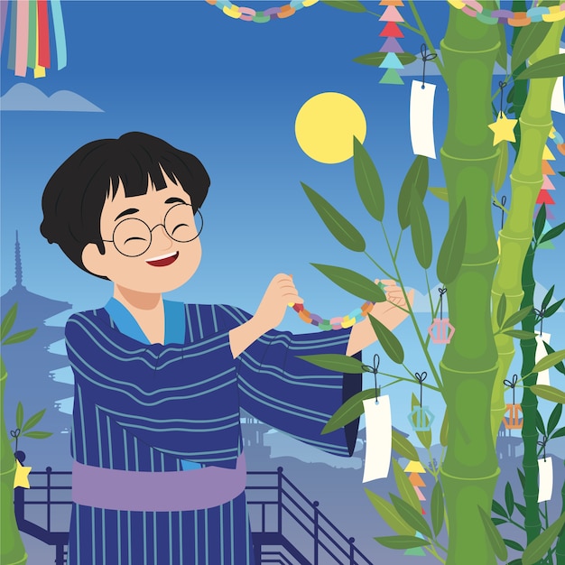 Flat Tanabata Illustration With Person Hanging Tags On Bamboo