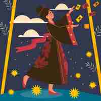 Vettore gratuito illustrazione piana di tanabata con ornamenti d'attaccatura della donna