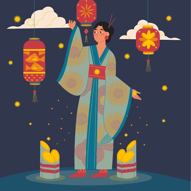 Vettore gratuito illustrazione di tanabata piatta con donna e lanterne
