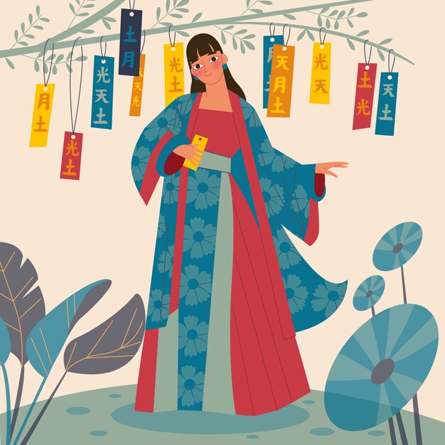 Flat tanabata illustration with woman