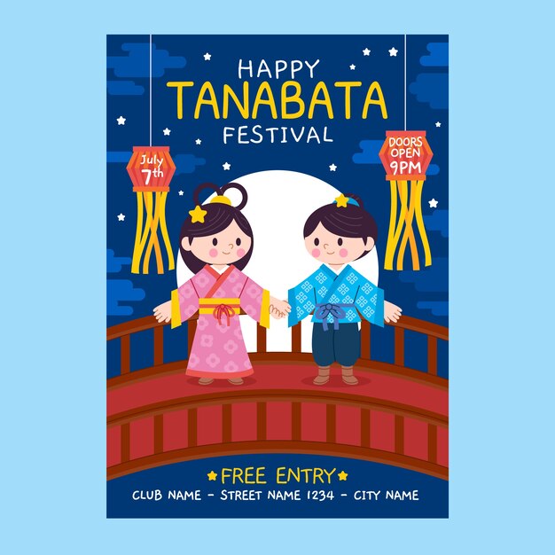 Flat tanabata poster template with couple on bridge