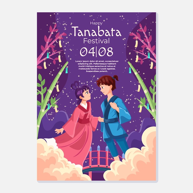 Vettore gratuito modello di poster tanabata piatto con coppia