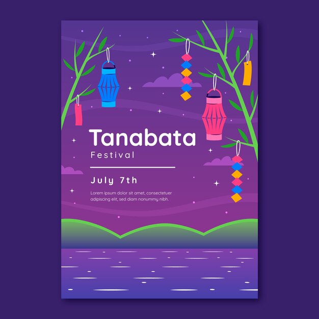 Vettore gratuito modello di poster tanabata piatto con lago e lanterne