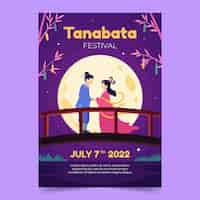 Vettore gratuito modello di poster verticale tanabata piatto con coppia sul ponte