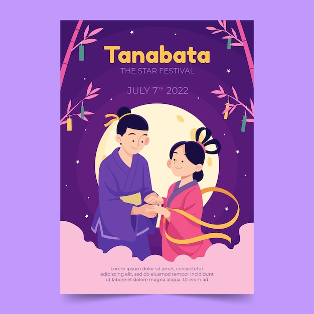 Flat tanabata vertical poster template with couple and full moon