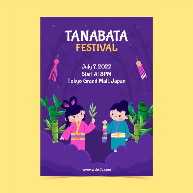 Flat tanabata vertical poster template with couple