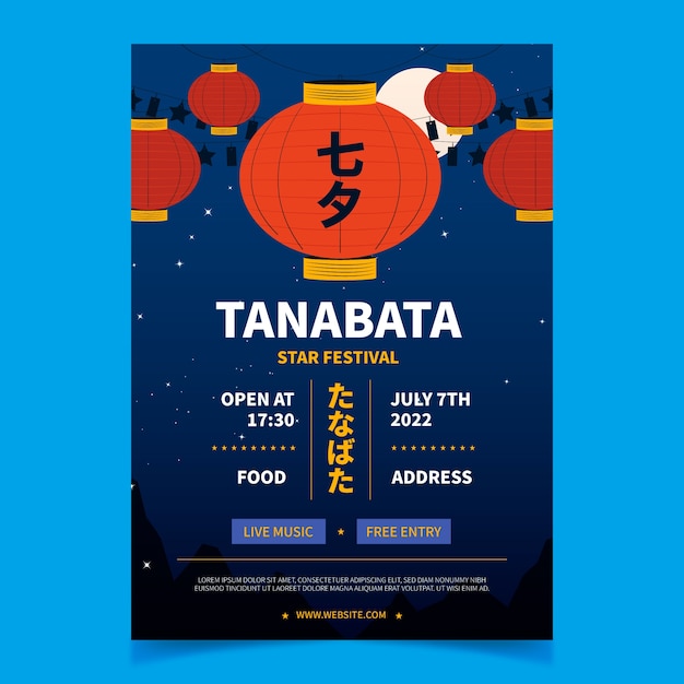Vettore gratuito modello di poster verticale tanabata piatto con lanterne