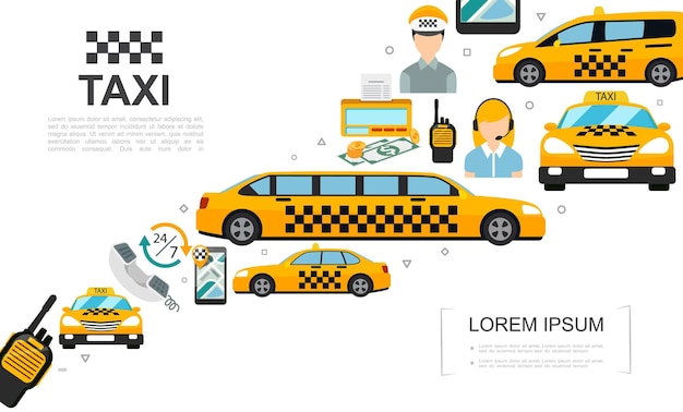 Vettore gratuito gli elementi di servizio di taxi piatto hanno messo con il navigatore stabilito della radio del contatore dei soldi dell'operatore dell'autista delle automobili sull'illustrazione dello schermo mobile