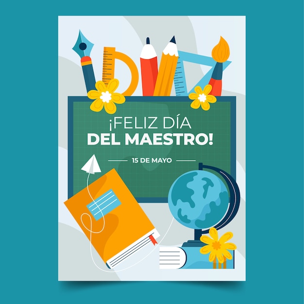 Бесплатное векторное изображение Плоский шаблон поздравительной открытки ко дню учителя на испанском языке